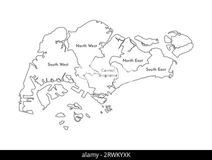 Illustrazione vettoriale isolata della mappa amministrativa semplificata di Singapore. Confini e nomi delle regioni. Silhouette nere. Illustrazione Vettoriale