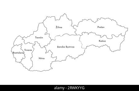 Illustrazione vettoriale isolata della mappa amministrativa semplificata della Slovacchia. Confini e nomi delle regioni. Silhouette nere. Illustrazione Vettoriale