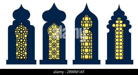 Collezione di finestre arabe orientali, archi e porte. Griglia tagliata al laser. Design moderno con cornici nere, cupola della moschea e lanterne del ramadan islamico Illustrazione Vettoriale