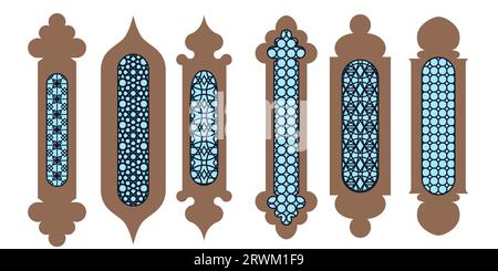 Collezione di finestre orientali arabe. Griglia tagliata al laser. Design moderno con cornici nere, cupola della moschea e lanterne, ramadan kareem e eid islamici Illustrazione Vettoriale