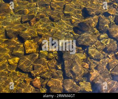 Le rocce, le pietre e i sedimenti sul fondo di un lago, visibili attraverso le sue acque cristalline in una giornata di sole. Foto Stock