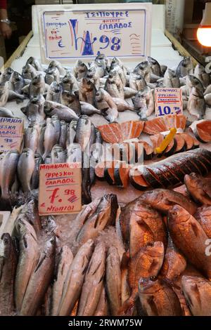 Frutti di mare in vendita al mercato municipale centrale di Varvakios, Atene, Grecia Foto Stock