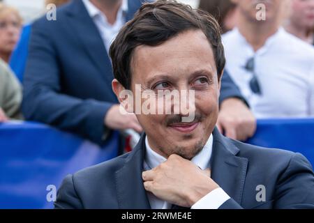 15 settembre 2023, Marsiglia, Bouches du Rhone, Francia: Pablo Longoria, presidente della squadra di calcio Olympique de Marseille (OM) vista durante la cerimonia inaugurale dello stadio cittadino a Marsiglia. Dopo aver ricevuto minacce a seguito di un incontro con i rappresentanti delle associazioni di sostenitori lunedì 18 settembre 2023, il presidente dell'OM Pablo Longoria e il suo staff hanno deciso di ritirarsi temporaneamente dalle loro funzioni all'Olympique de Marsiglia. (Immagine di credito: © Laurent Coust/SOPA Images via ZUMA Press Wire) SOLO PER USO EDITORIALE! Non per USO commerciale! Foto Stock