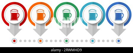 Birra in tazza, birra lager, set di icone per bevande vettoriali, modello infografico di design piatto, impostare icone di concetto puntatore in 5 opzioni di colore per webdesign e app mobile Illustrazione Vettoriale