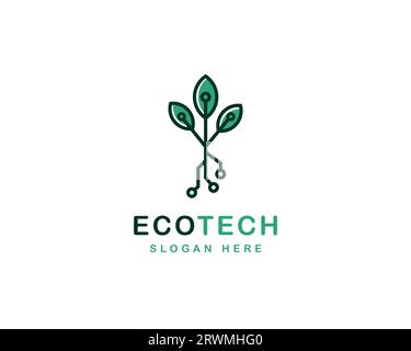 Modello di design del logo Eco-tech. Illustrazione dell'icona vettoriale del logo della tecnologia verde. Design icona logo Eco Tech Tree Illustrazione Vettoriale