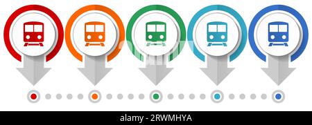 Ferrovia, treno, metropolitana, set di icone dei vettori di trasporto, modello infografico di design piatto, impostare icone di concetto puntatore in 5 opzioni di colore per il webdesign A. Illustrazione Vettoriale