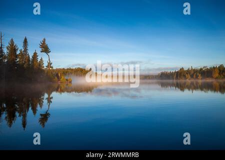 Splendido lago blu con alberi in una mattinata nebbiosa nel nord del Minnesota all'alba di settembre Foto Stock