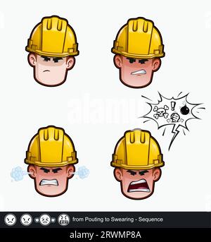 Set di icone del volto di un operaio edile con un'espressione emotiva dal pouting al giuramento in sequenza. Tutti gli elementi sono ordinati su livelli ben descritti e Illustrazione Vettoriale