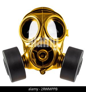 maschera antigas nera e oro isolata su bianco Foto Stock