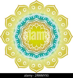 Fiore di loto mandala rotondo, elemento di design isolato per la stampa su T-shirt, tessuto, tatuaggio o qualsiasi altra decorazione, gradiente radiale illustrazione vettoriale Illustrazione Vettoriale