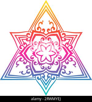 Mandala di fiori di loto vettoriale in colori arcobaleno a piramide triangolare, simbolo magico di alchimia, boho, astrologia, elemento di design isolato per tatuaggio, T-shir Illustrazione Vettoriale