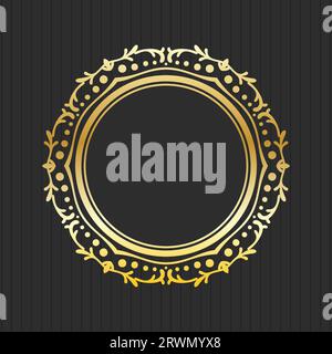 Cornice luminosa dorata su sfondo nero. Cerchio con bordo dorato, elemento elegante per il modello di progettazione con spazio di copia, illustrazione vettoriale Illustrazione Vettoriale