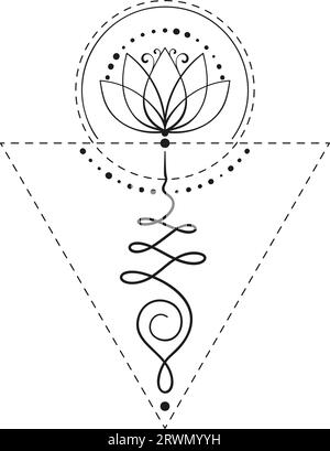 Tatuaggio di loto Unalome geometria sacra simbolo di saggezza e illuminazione, ornamento vettoriale isolato disegnato a mano Illustrazione Vettoriale