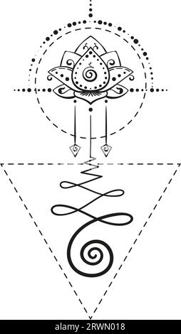 Tatuaggio di loto Unalome geometria sacra simbolo di saggezza e illuminazione, ornamento vettoriale isolato disegnato a mano Illustrazione Vettoriale