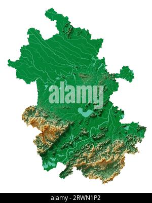 Anhui. Una provincia della Cina. Rendering 3D dettagliato di una mappa di rilievo ombreggiata con fiumi e laghi. Colorato in base all'elevazione. Sfondo bianco puro. Foto Stock