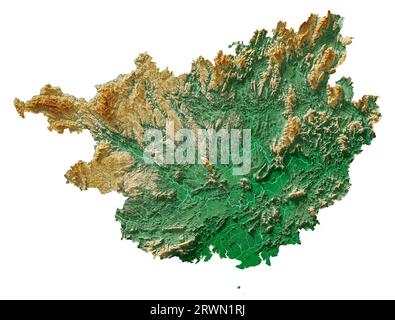 Guangxi. Una regione autonoma della Cina. Rendering 3D di una mappa di rilievo ombreggiata con fiumi e laghi. Colorato in base all'elevazione. Sfondo bianco puro. Foto Stock