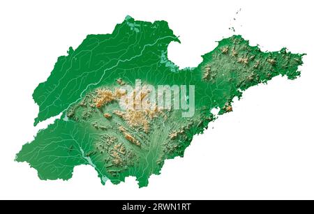 Shandong. Una provincia della Cina. Rendering 3D dettagliato di una mappa di rilievo ombreggiata con fiumi e laghi. Colorato in base all'elevazione. Sfondo bianco puro. Foto Stock