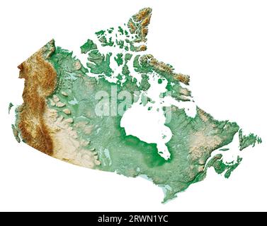 Canada. Rendering 3D estremamente dettagliato di una mappa di rilievo ombreggiata con fiumi e laghi. Colorato in base all'elevazione. Sfondo bianco puro. Foto Stock