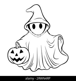 Halloween Ghost line art per colorare la pagina del libro. Line art design per pagina da colorare per bambini. Colorazione del contorno della pagina del cartone animato Illustrazione Vettoriale