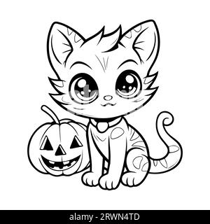 Gatto di Halloween con zucca di halloween. Illustrazione in bianco e nero per libri da colorare. Vettore Illustrazione Vettoriale