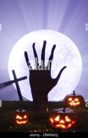 Halloween. La mano di un uomo morto la luna piena. Rendering 3D. Foto Stock
