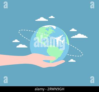 Mano che regge il globo terrestre con un aeroplano che vi sorvola e nuvole su sfondo blu. Illustrazione del vettore piatto Illustrazione Vettoriale