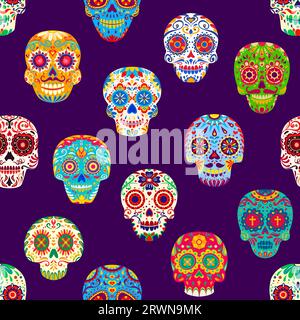 Teschi di zucchero messicani calavera con motivo senza cuciture. Dia de los muertos personaggi divertenti delle vacanze. Sfondo di piastrelle vettoriali dei cartoni animati con teste umane di calaca adornate con fiori e ornamenti floreali Illustrazione Vettoriale