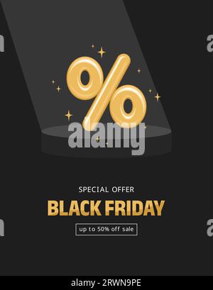 Segno di percentuale oro brillante su un piedistallo sotto i riflettori con il testo sottostante su sfondo nero. Banner per la promozione del Black friday. Illustrazione del vettore piatto Illustrazione Vettoriale