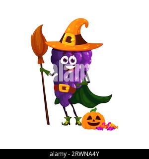 Cartone animato, divertente personaggio della frutta d'uva di halloween in costume da strega. Un'uva vettoriale isolata, divertente e carina, vestita come una birichina harridan, completa di cappello appuntito, dolci e scopa Illustrazione Vettoriale