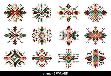 Schema etnico tribale messicano azteco o navajo. Insieme vettoriale isolato di campioni di ricami tradizionali, motivi e ornamenti, che riflettono il ricco patrimonio culturale e l'arte indigena del Messico Illustrazione Vettoriale