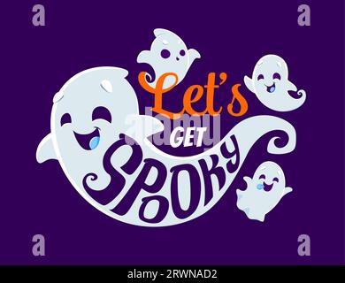 Fantasmi Kawaii con citazione di Halloween, otteniamo una tipografia spettrale e vettoriale di un trick horror per le vacanze o di una serata speciale. Divertente tipo di simpatici mostri bianchi fantasma, spirito o fantasma che volano con volti felici Illustrazione Vettoriale