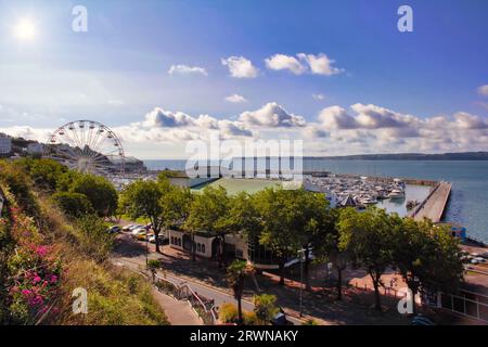 Vista dal Rock Walk Torquay, guardando il porticciolo delle barche e la grande ruota panoramica verso Berry Head Brixham attraverso Tor Bay Foto Stock