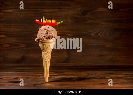 divertente concetto creativo di cono di wafer instabile con paletta di gelato al cioccolato e peperoncino rosso bruciato su fondo di legno, concetto di f piccante Foto Stock