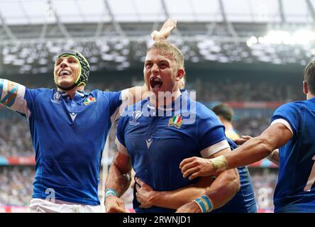 L'italiano Lorenzo Cannone festeggia la sua quarta meta durante la Coppa del mondo di rugby 2023, partita Pool A allo Stade de Nice, in Francia. Data foto: Mercoledì 20 settembre 2023. Foto Stock