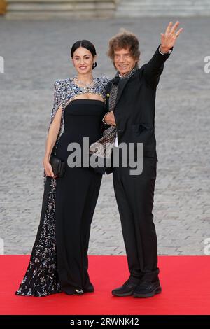 Melanie Hamrick e Mick Jagger assistono al banchetto di Stato al Palazzo di Versailles, Parigi, durante la visita di Stato in Francia. Data foto: Mercoledì 20 settembre 2023. Foto Stock