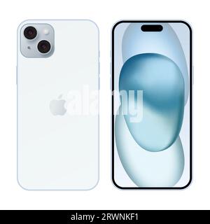 Apple iPhone 15 Plus blu. Telefono con schermo anteriore mockup e iphone sul retro. Vettore editoriale isolato su sfondo bianco Illustrazione Vettoriale