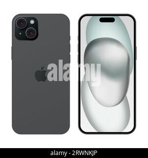 Apple iPhone 15 Plus nero. Telefono con schermo anteriore mockup e iphone sul retro. Vettore editoriale isolato su sfondo bianco Illustrazione Vettoriale