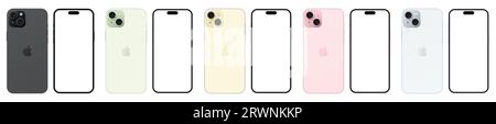 Apple iPhone 15 Plus è disponibile in diversi colori. Lato anteriore e posteriore. Vettore editoriale Illustrazione Vettoriale