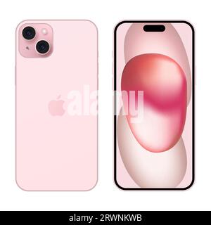 Apple iPhone 15 Plus rosa. Telefono con schermo anteriore mockup e iphone sul retro. Vettore editoriale isolato su sfondo bianco Illustrazione Vettoriale