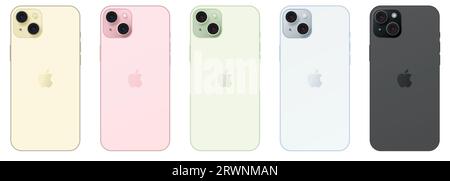IPhone 15 Plus in diversi colori: Giallo, rosa, verde, blu, nero. Vettore editoriale isolato su sfondo bianco Illustrazione Vettoriale