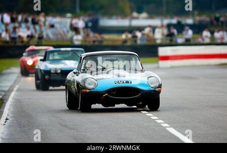 1961Jaguar e-TYPE FHC "semi leggero" guidata da Richard Kent / Nicolas Minassian nella gara Royal Automobile Club TT Celebration a Goodwood R. Foto Stock