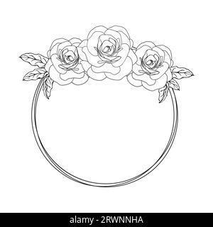 Carta vintage con fiori di camelia. Corona floreale. Corona circolare disegnata, ghirlanda floreale ed erbe aromatiche con fiore di camelia. Saluto estivo con rose floreali Illustrazione Vettoriale