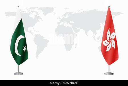 Bandiere del Pakistan e di Hong Kong per un incontro ufficiale sullo sfondo della mappa mondiale. Illustrazione Vettoriale