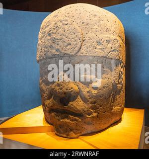 Colossale scultura della testa olmeca realizzata dalla civiltà olmeca, città del Messico, Messico. Foto Stock