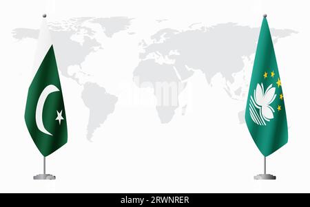 Bandiere del Pakistan e di Macao per un incontro ufficiale sullo sfondo della mappa mondiale. Illustrazione Vettoriale