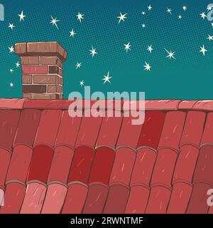 Cielo di Natale dal tetto di una casa con un camino. Atmosfera natalizia di sottofondo. Il tetto della casa di notte. Pop Art retro Illustrazione Vettoriale
