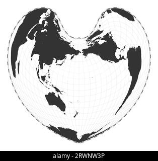 Mappa vettoriale del mondo. Proiezione pseudoconica a pari area di Bonne. Mappa geografica del mondo pianeggiante con linee di latitudine e longitudine. Illustrazione Vettoriale