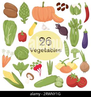 Illustrazione vettore telaio alimentare sano. 26 Set di verdure disegnate a mano. Set di alimenti biologici. Buona nutrizione. Illustrazione Vettoriale