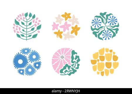 Grafica astratta a forma rotonda con pareti di fiori, poster, decorazioni per cartoline, striscioni, punti salienti. Graziosa illustrazione vettoriale con margherite, tulipani. Illustrazione Vettoriale