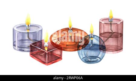 Composizione acquerello con lampade a olio in vetro soffiato su sfondo bianco. Perfetto per biglietti di auguri, inviti e altri progetti di stampa Foto Stock